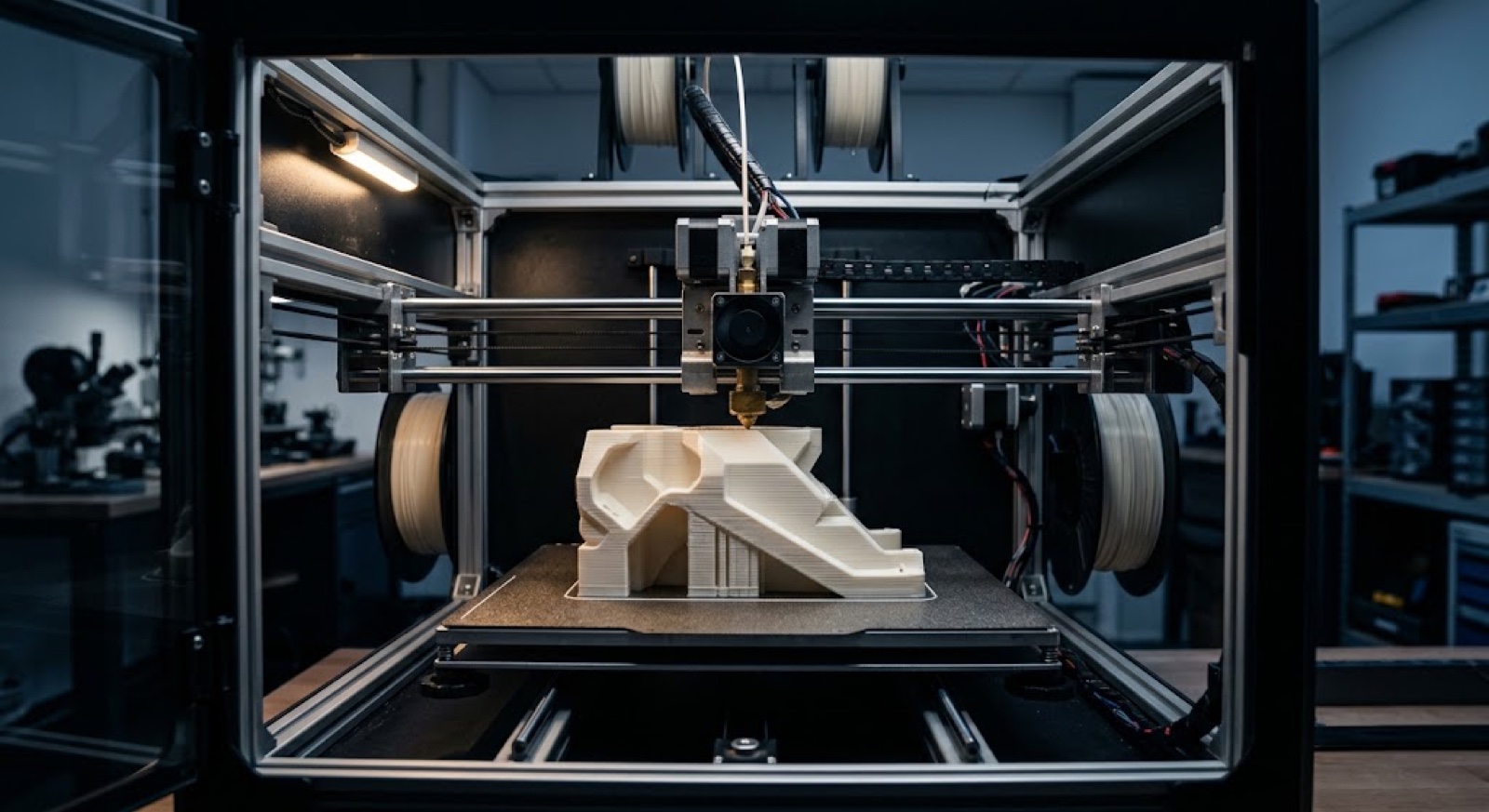 An industrial 3D printer mid-print, laying down layers of a prototype part on the build plate.