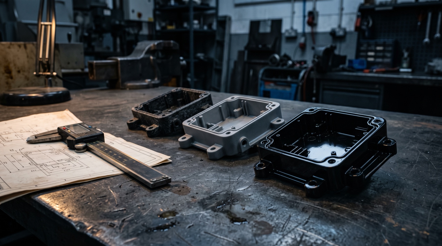 Three versions of the same molded housing in different materials, laid out on a bench beside a drawing and calipers during material evaluation.