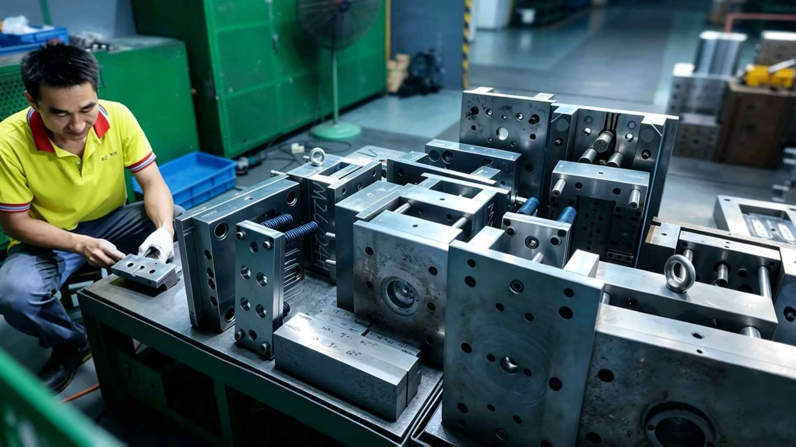 Mold bases and inserts laid out on the tool room bench during the design work that put a mismatched project back on plan.