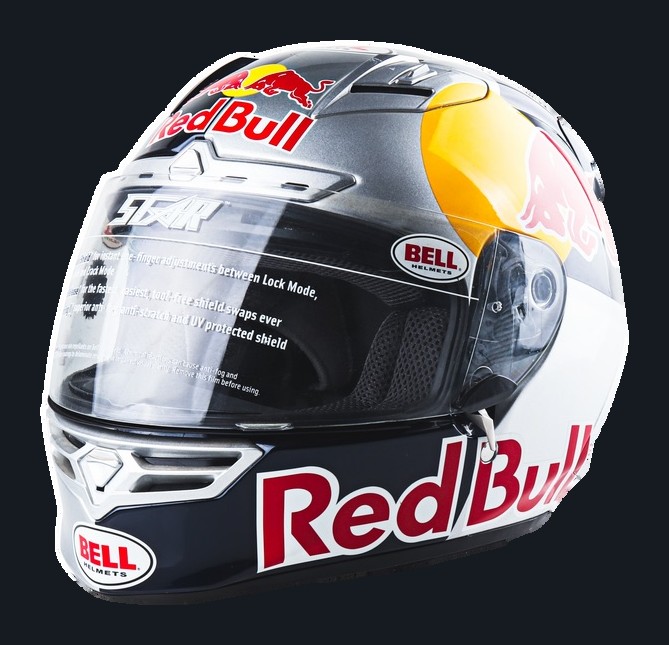 A Bell helmet in Red Bull team colors, shown as an example of the helmet components Fudakin produces.