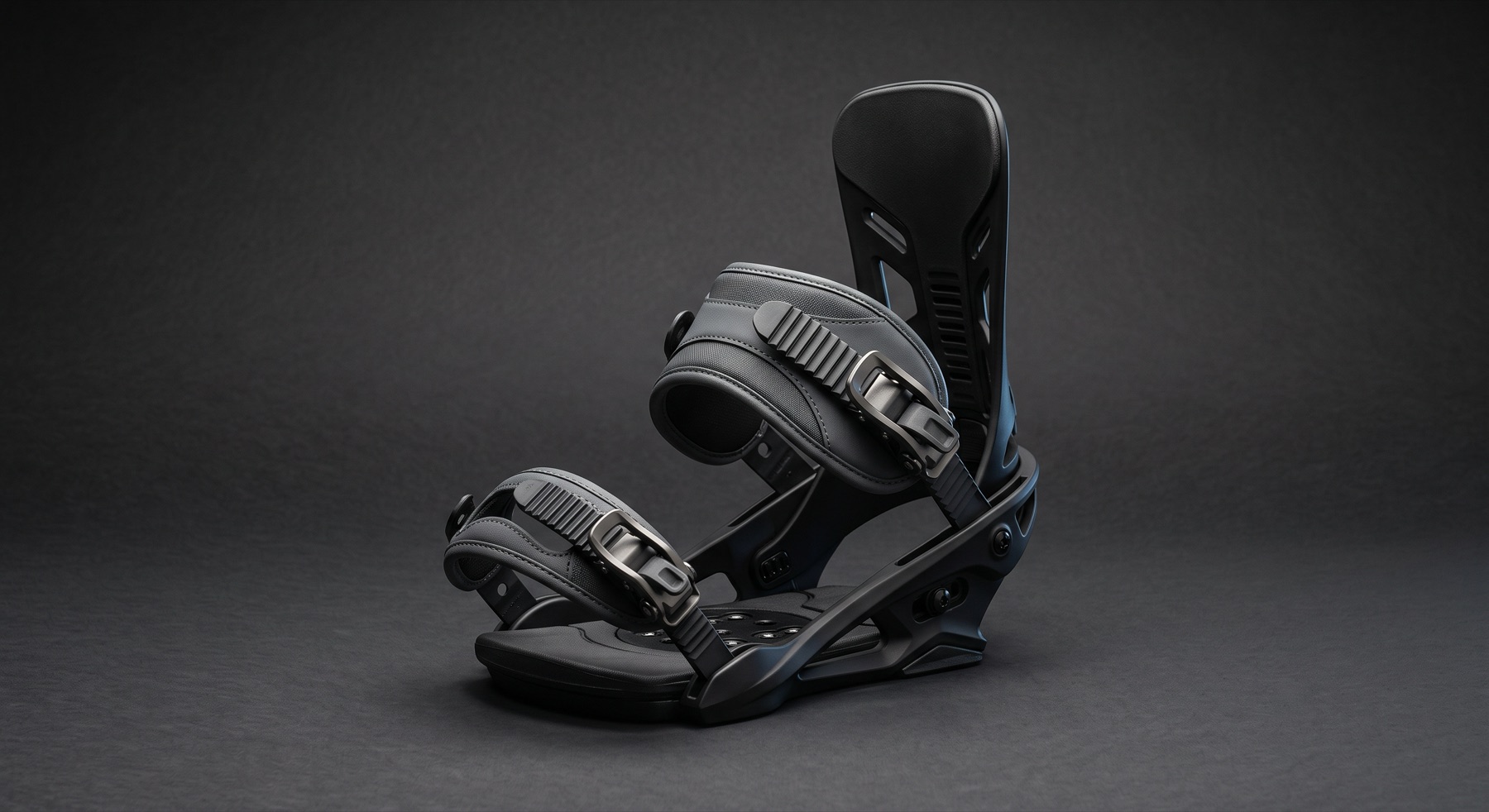 A snowboard binding — highback, baseplate, straps and ratchets.